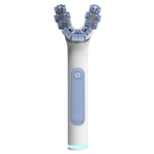 CleanOS Smartbrush con manico bianco e blu su sfondo grigio e testina ad arcata personalizzata per rimuovere fino al 95% della placca dentale
